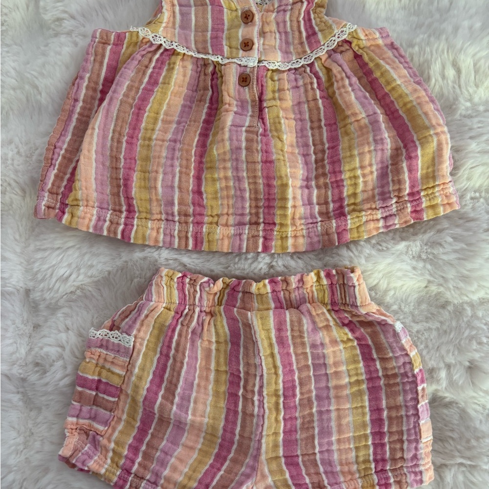 Kids Headquarters Pink and Yellow Striped Outfit pockets, 18 months